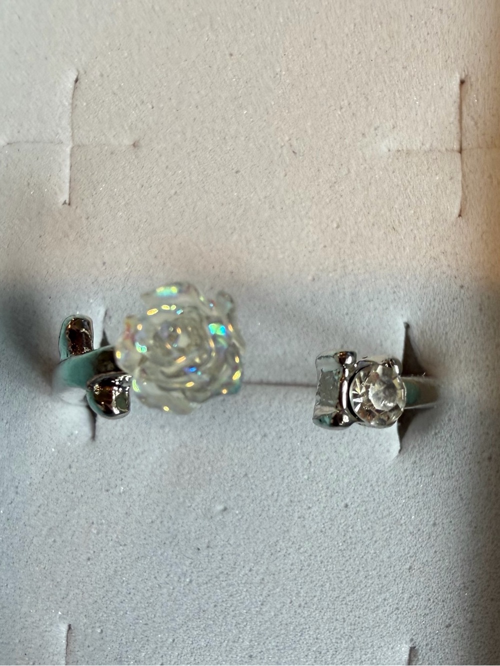 Rose Ring NWT Adjustable Silver Tone w/ Box | Iridescent Flower & Crystal Accent